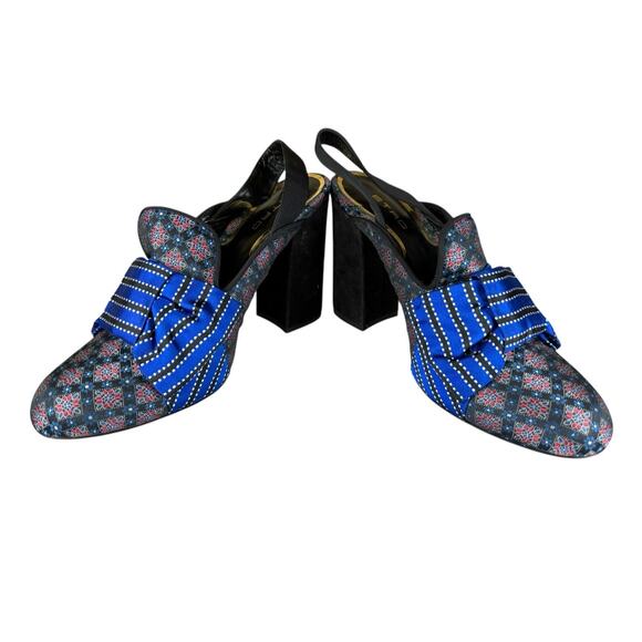 Etro Blue Bow Slingback Heels Sz 40 Brocade Suede Block Heels Made in Italy - Picture 6 of 8